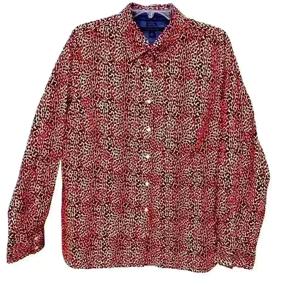 Tommy Hilfiger button down crisp 100%cotton Navy/Red animal print shirt-XL